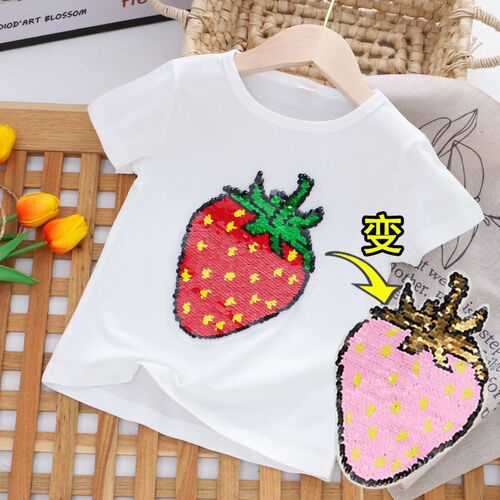 Girls summer thin Korean style T-shirt children's watermelon double-sided color-changing sequin short-sleeved 2024 children's clothing big children's tops
