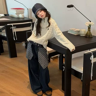 美式复古翻领半拉链麻花毛衣女童秋冬新款软糯慵懒风高领针织上衣