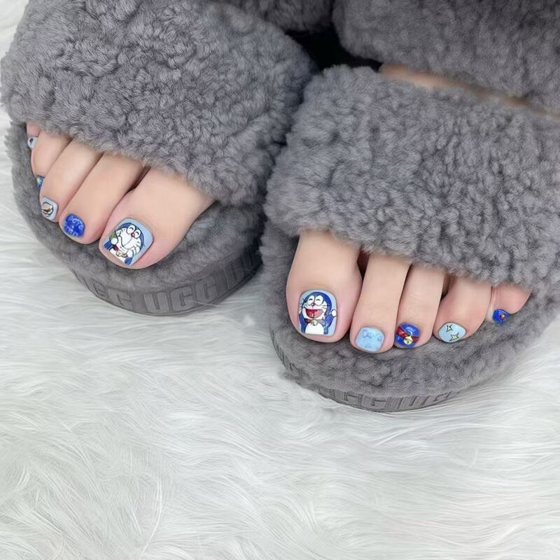 Handmade Cartoon Doraemon Short Toenail Tips, Detachable Fake Toenails