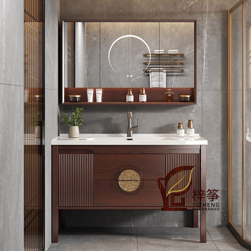 New Chinese-Style Ceramic Integrated Basin Bathroom Cabinet Set, Ebony Wood Floor-Standing Double Basin, New Washbasin Cabinet