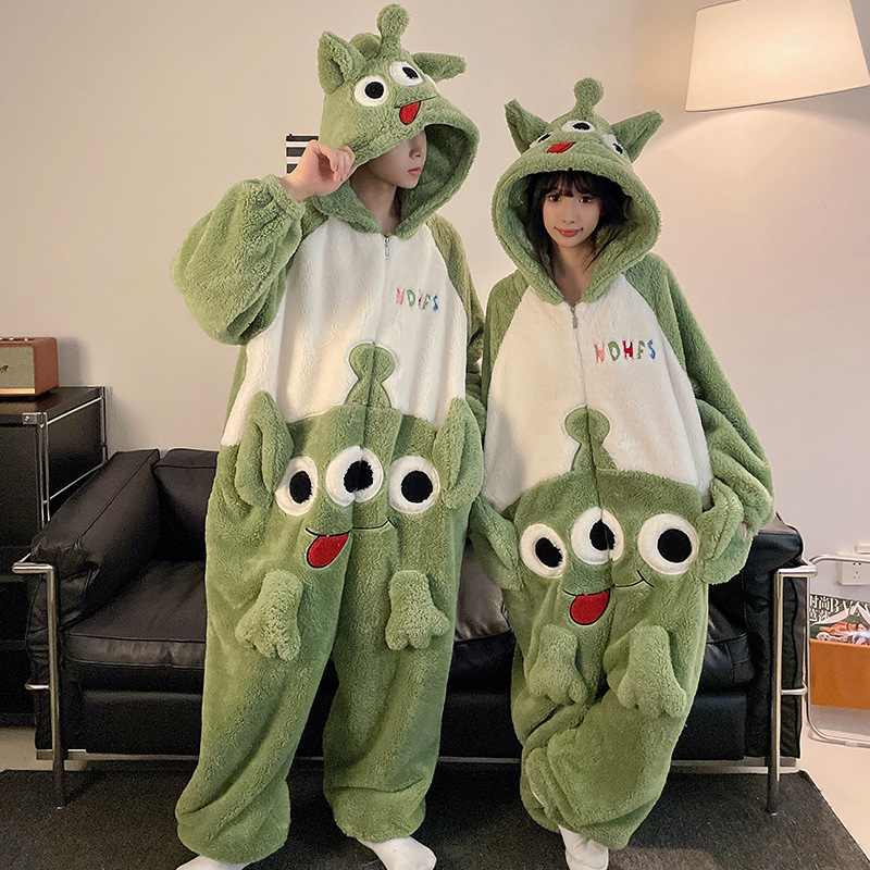 ワンピースのカップルのパジャマの女性の珊瑚の絨毯は厚いです。秋冬の男性のファスナーのフランネルの家の服は一体になります。|undefined