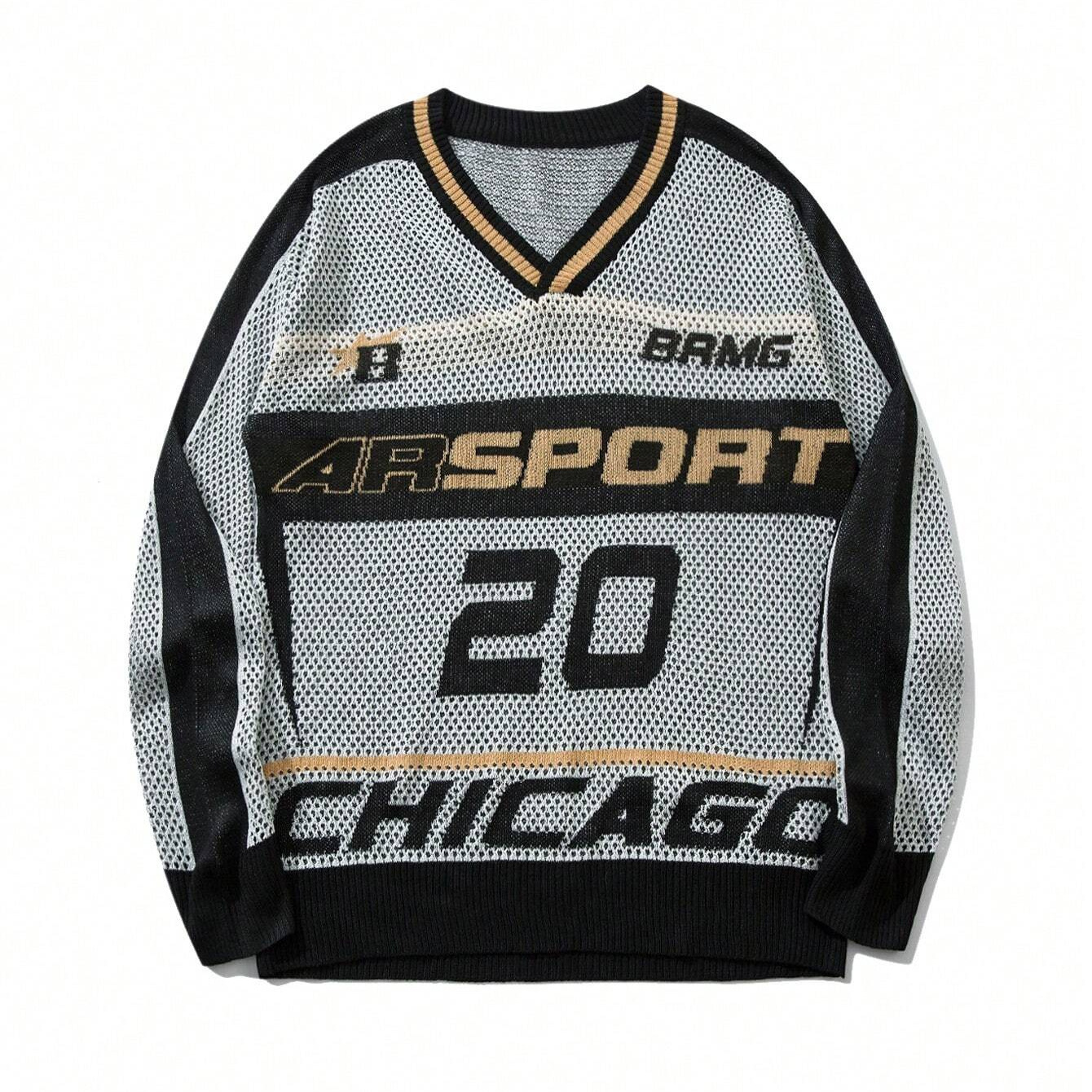 Top de estilo deportivo callejero americano europeo y americano 2025 otoño suelto con cuello en v jerk hip-hop retro casual camiseta de manga larga