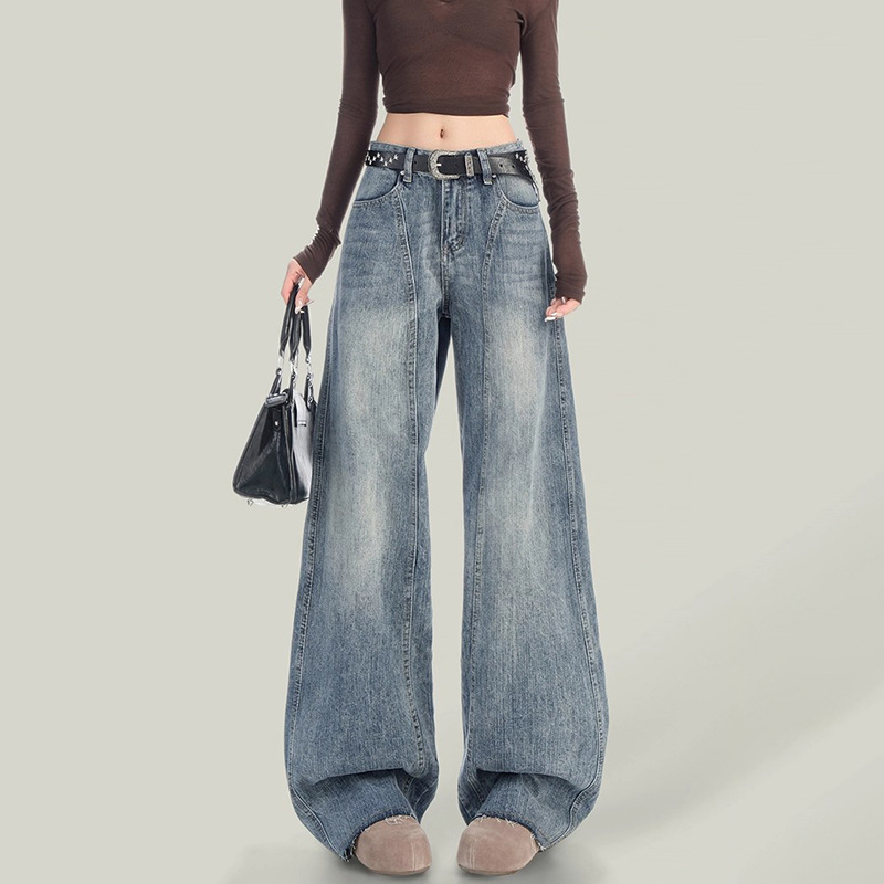 2516中性通勤阔腿牛仔裤女春秋高腰显瘦设计感宽松百搭拖地牛仔裤