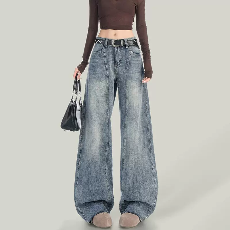 2516中性通勤阔腿牛仔裤女春秋高腰显瘦设计感宽松百搭拖地牛仔裤