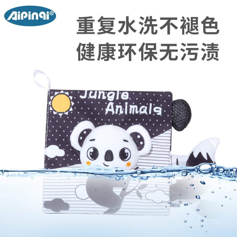 Nuevo libro de tela en blanco y negro con animales, libro emergente de educación temprana para bebés, libro de tela con cola para bebés, juguetes para bebés, venta al por mayor en stock