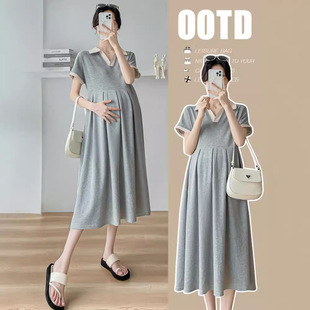 Maternity Summer New Contrast Color Polo Collar Loose Pleated Long Dress Belly Covering plus size dress Dress for Women
