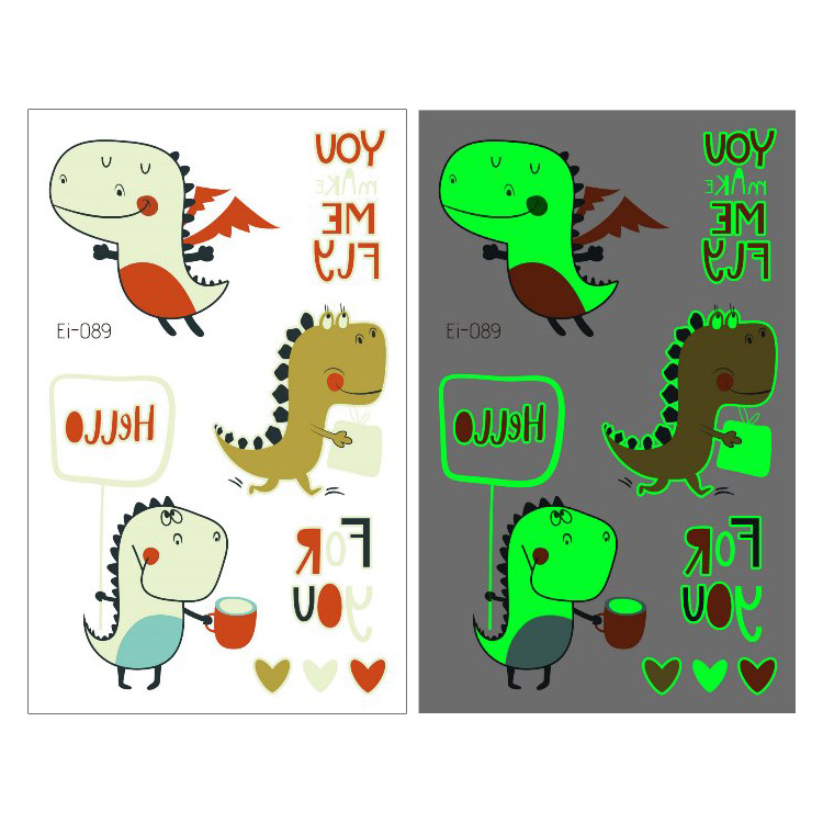 Suministro transfronterizo nuevo dinosaurio luminoso tatuaje pegatinas niños dibujos animados diversión pegatinas luminosas pegatinas temporales del tatuaje