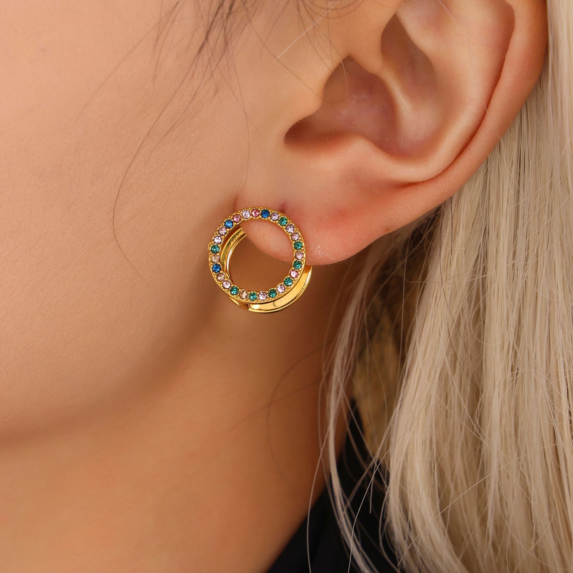 Square Sugar Mixed Color Zircon Double Sided Earrings With Light Luxury And High Grade Stainless Steel PVD Exquisite Circle Earrings For Women_voghion.com