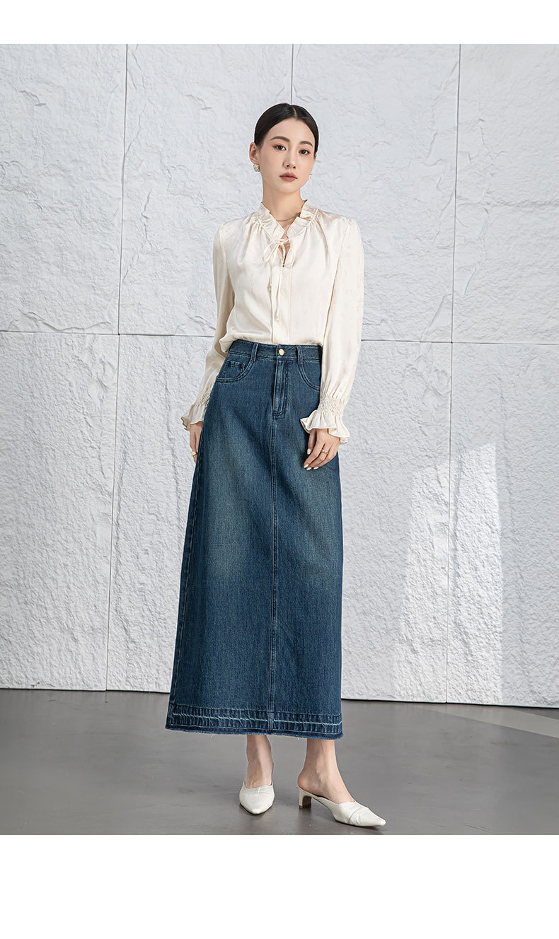 Váy bò Tencel cổ điển cạp cao Xinge dáng dài viền ren xẻ tà tôn dáng — Xanh lam hoài cổ chi tiết 21