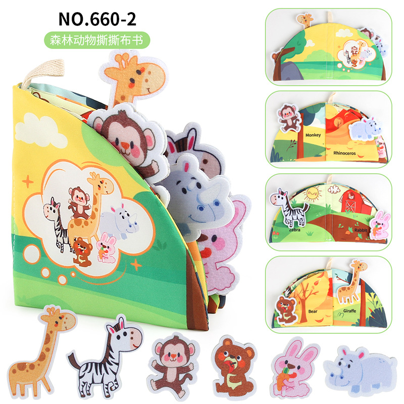 Libro de tela para bebés Velcro desgarrador libro animal forestal frutas libro tridimensional puede roer bebés preescolar libro de palma