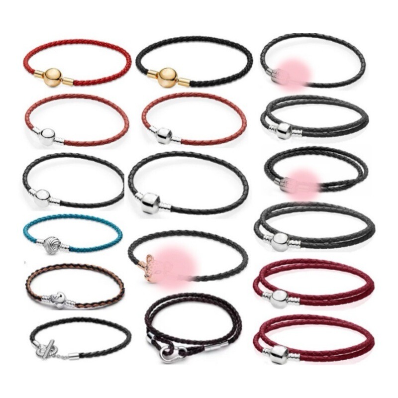 Pandora S925 Sterling Silver Leather Cord Buckle Red and Black Single Loop Double Loop Braided Leather Cord DIY Basic Bracelet for Women Pandora S925 Sterling Silver Leather Cord Buckle Red and Black Single Loop Double Loop Braided Leather Cord DIY Basic Bracelet for Women