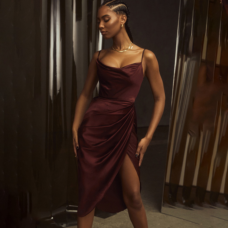 Solid Color Slit Satin Slip Dress NSGYB99533