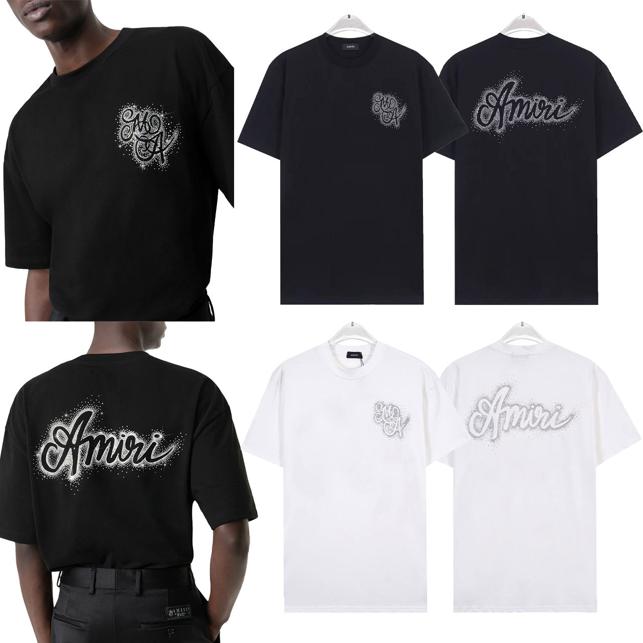 Amiri Cross-Border New AMIRI Letter Logo Hot Drilling Craft para hombres y mujeres camisetas de manga corta sueltas