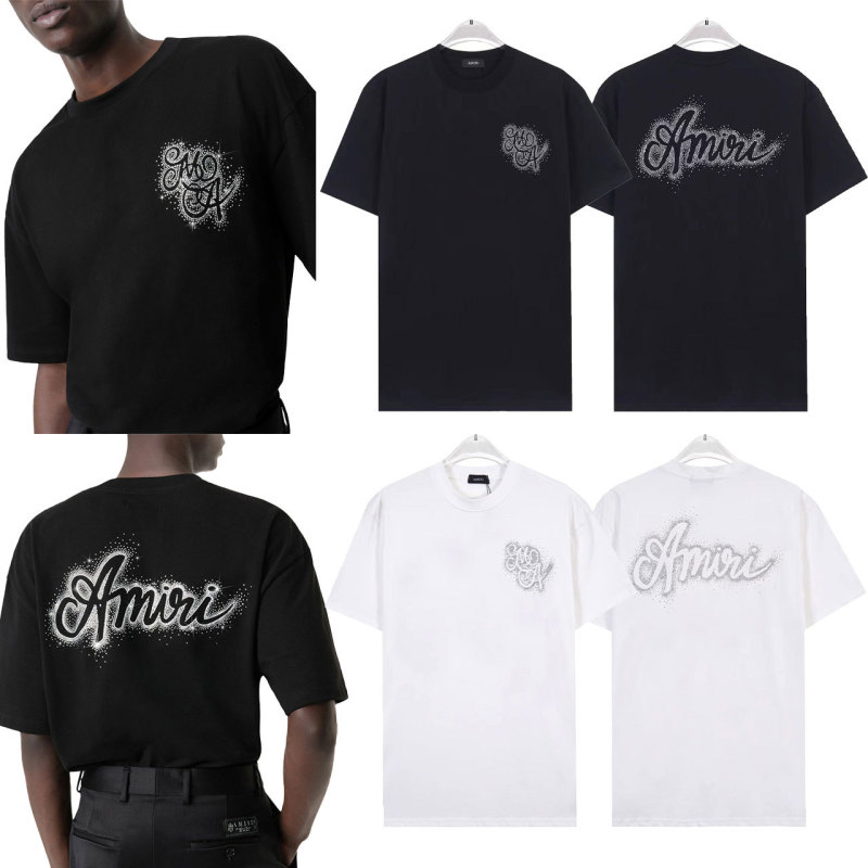 amiri short-sleeved cross-border new AMIRI front and back letter logo hot drilling craft men's and women's loose short-sleeved t-shirt