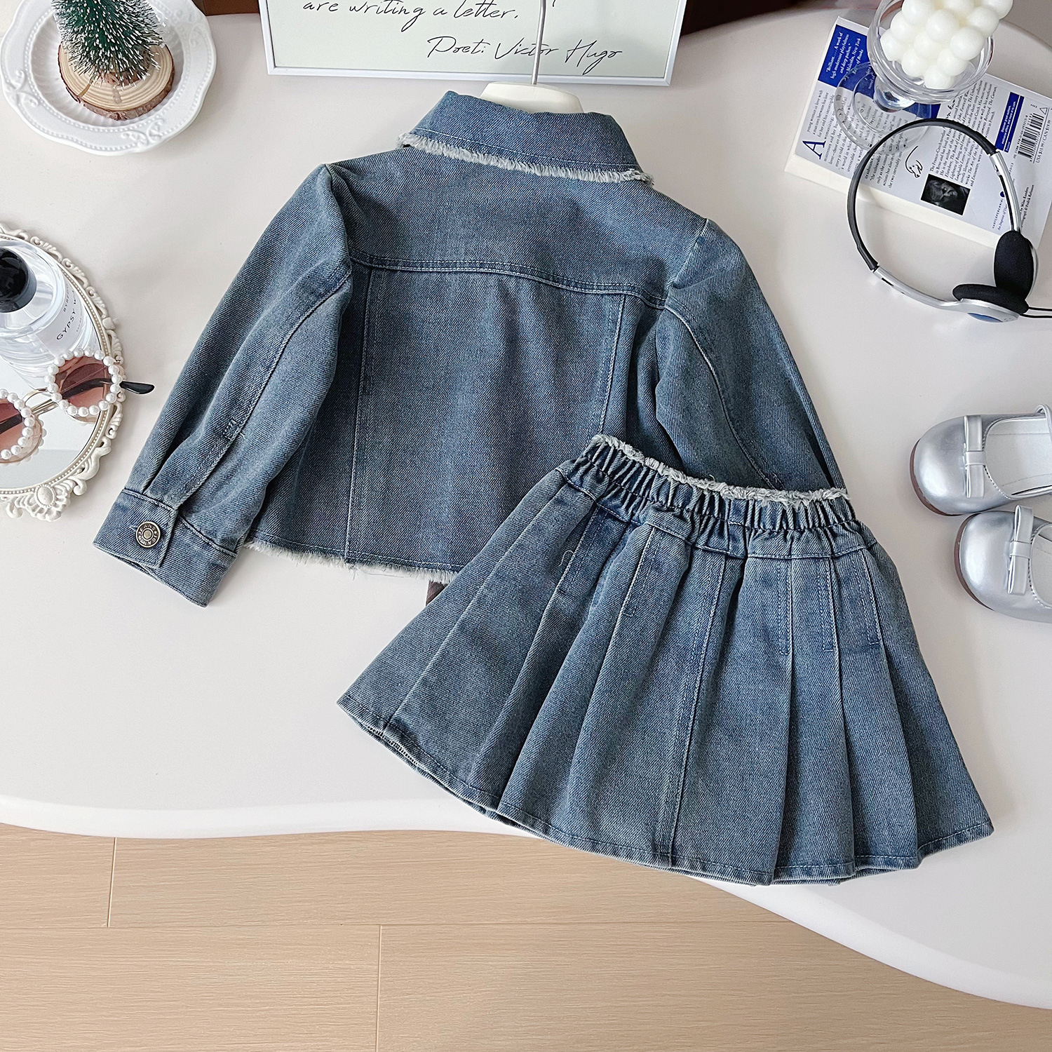 2024 Autumn New Girls' Versatile Korean Denim Coat+Denim Skirt Two Piece Set 67383_voghion.com