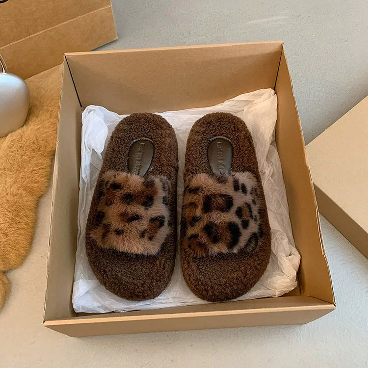 Сетка красные леопардовые шерстяные тапочки женские наружные носить 2024 новые осенние и зимние толстые подошвы ленивый домашний плюшевые хлопчатобумажные тапочки