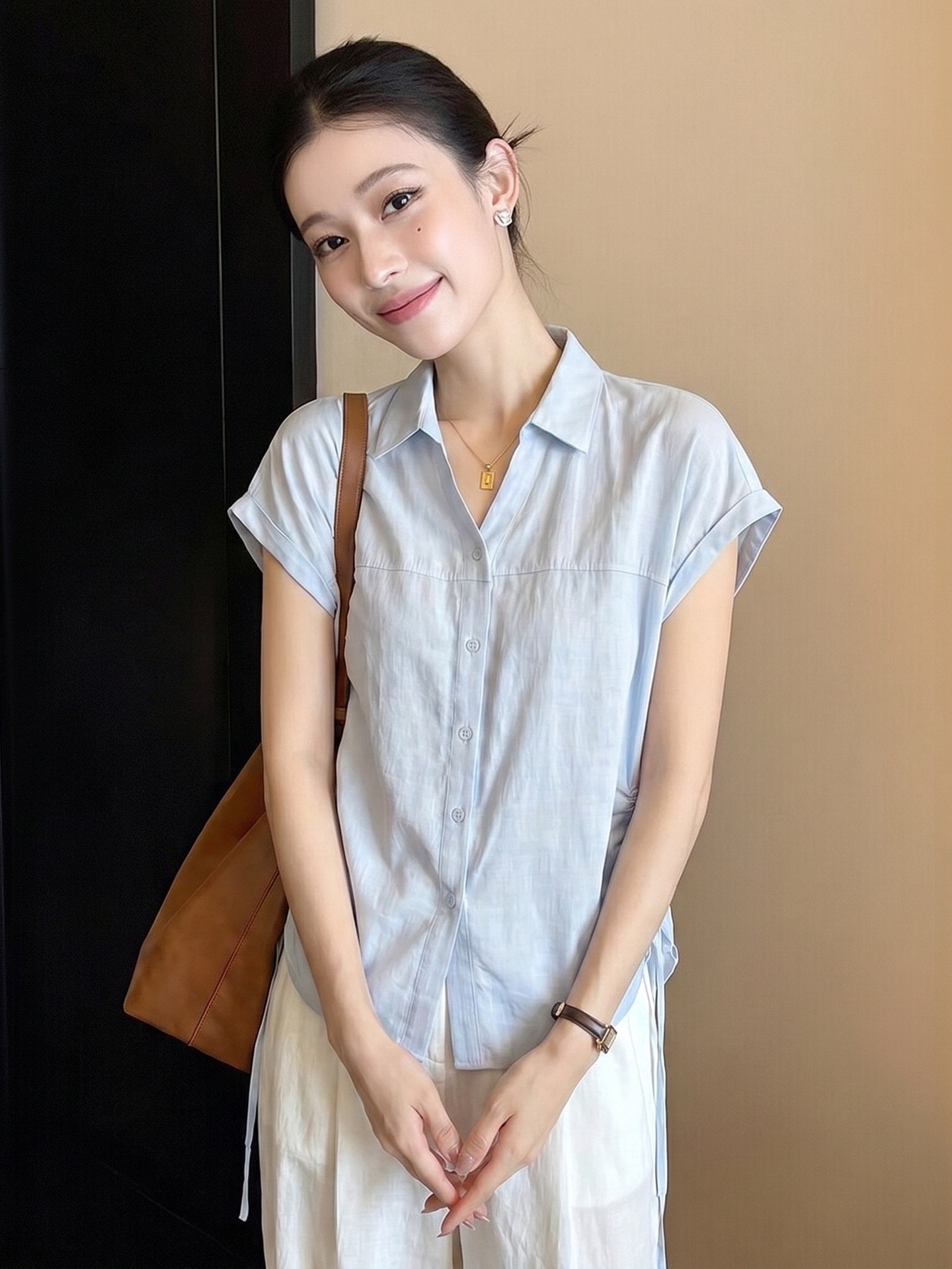 Áo sơ mi ngắn tay nữ màu vàng thiết kế độc đáo, eo thon, dành cho người đầy đặn — xanh lam