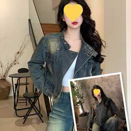 复古立领洗水牛仔短外套女春秋季小个子新款宽松百搭外搭上衣夹克
