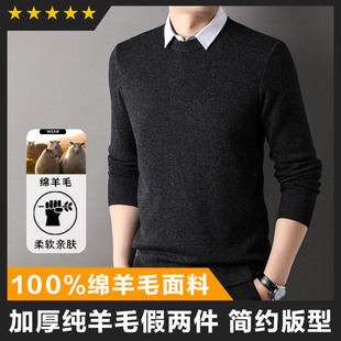 Thickened 100 Pure Wool Fake Two-piece Men's Knitwear Shirt Collar Autumn and Winter All-match Sweater Young and Middle-aged Sweater