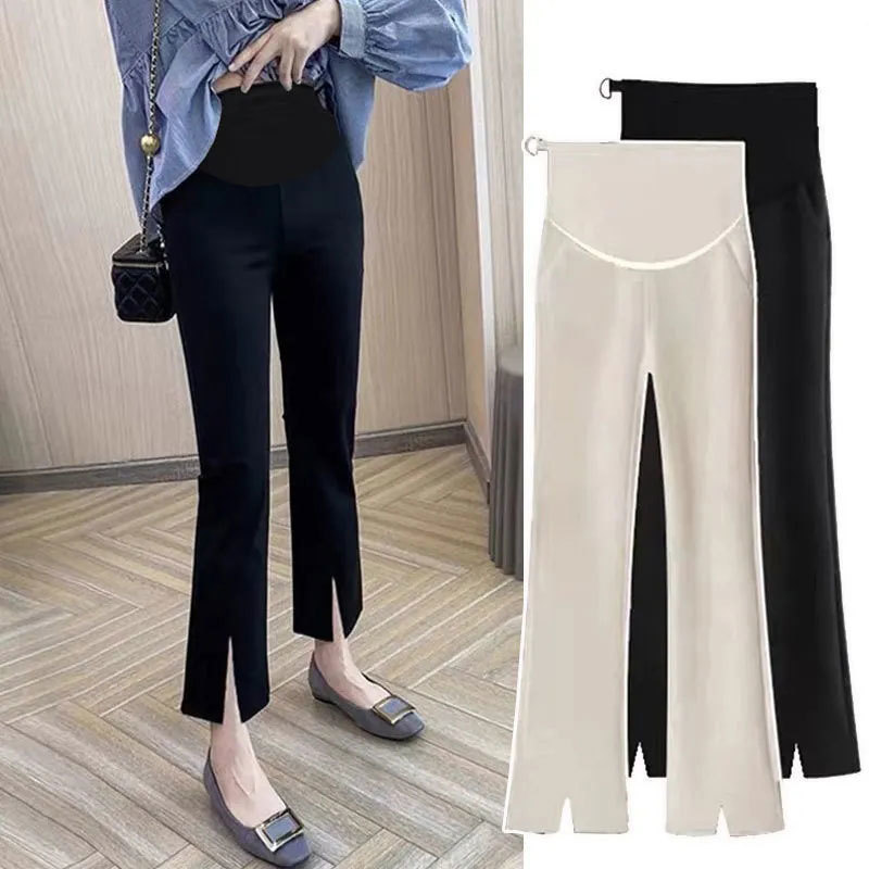 Maternity Pants for Spring and Summer, Thin Slit Pants, Nine-Point Belly Support, Casual Petite Spring Micro-Flared Pants