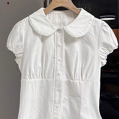 Korean-Style Pure Cotton White Doll Collar Shirt for Women, Summer Lace-Trimmed Short-Sleeve Blouse, Waist-Cinching Slim-Fit Short Top