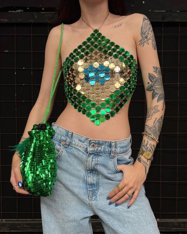 360003 European and American vest Sexy Acrylic Round Sequin Hanging Neck Backless Top Chest Wrapped Small Vest