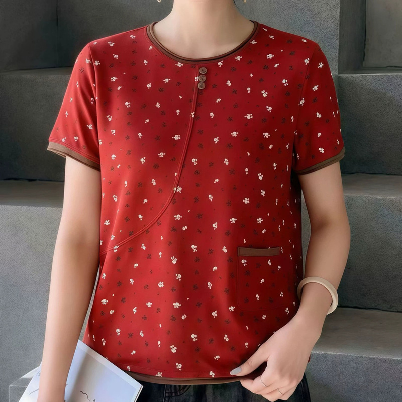 In-Stock Plus-Size Loose Short-Sleeve Pure Cotton T-Shirt for Moms, New Summer Style Pullover with Color-Blocking, Slimming Top for Middle-Aged and Elderly Women