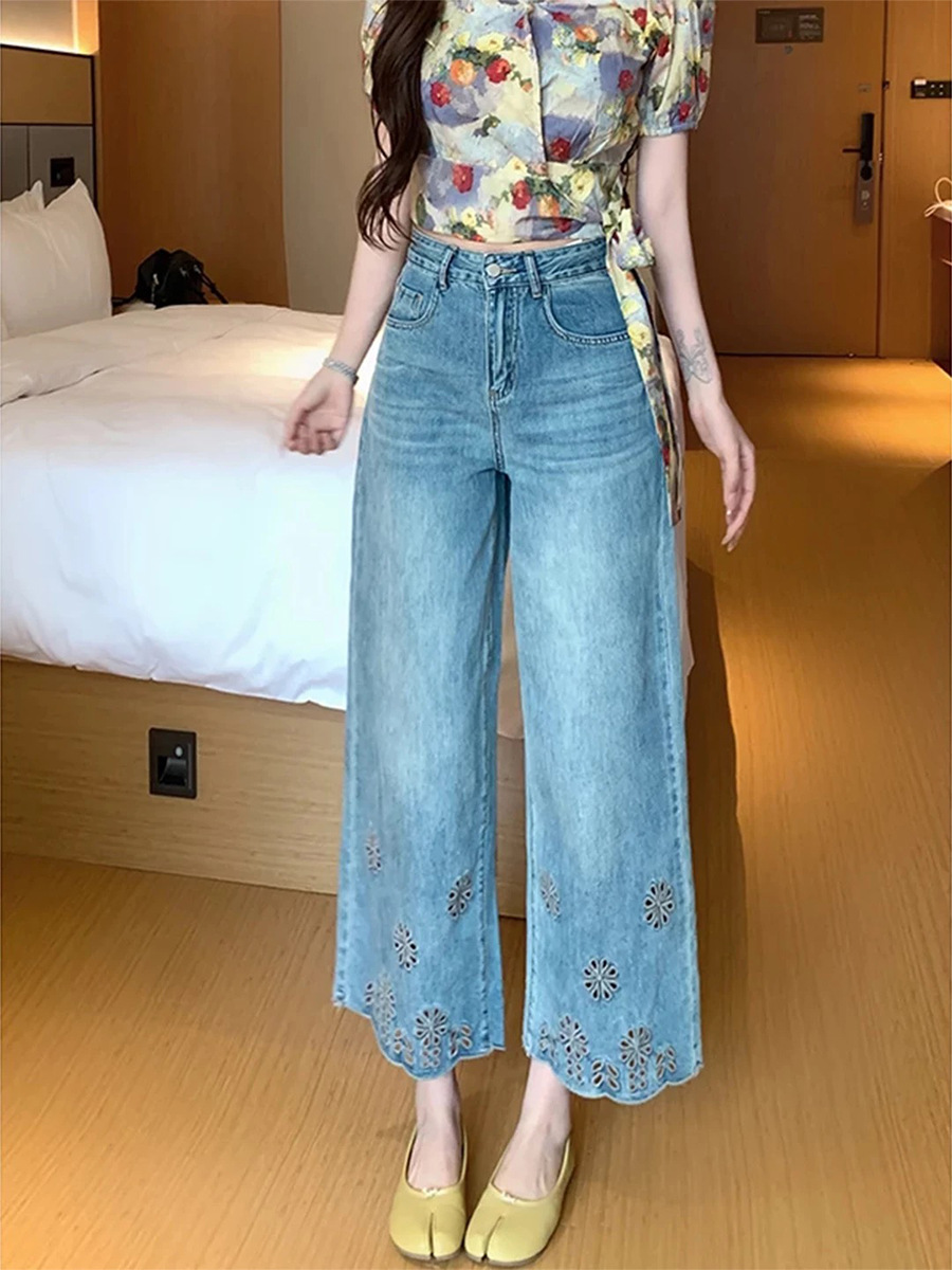 Diseño hueco grande nueve puntos jeans de verano para mujeres nuevos mm grasa suelta cintura alta delgada pantalones rectos de piernas anchas image 6