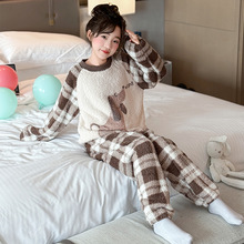女童格子家居服中大童休闲套头法兰绒睡衣女孩加厚秋冬保暖两件套