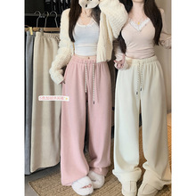 实拍 2025冬季韩版仿羊绒裤加绒加厚抽绳垂感阔腿裤休闲裤女长裤