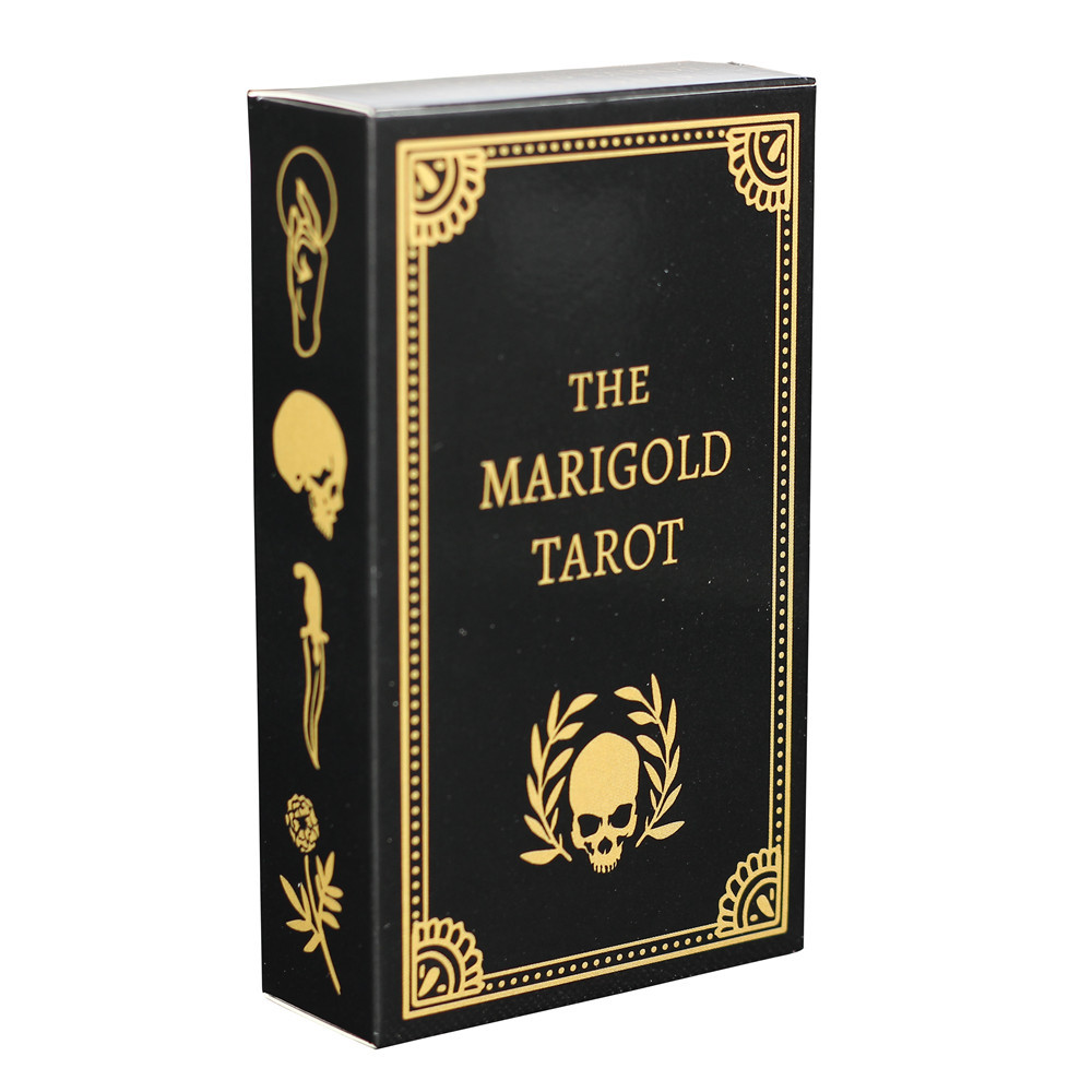 The Marigold Tarot, a dark-themed karot deck featuring a skull and crossbones design.
