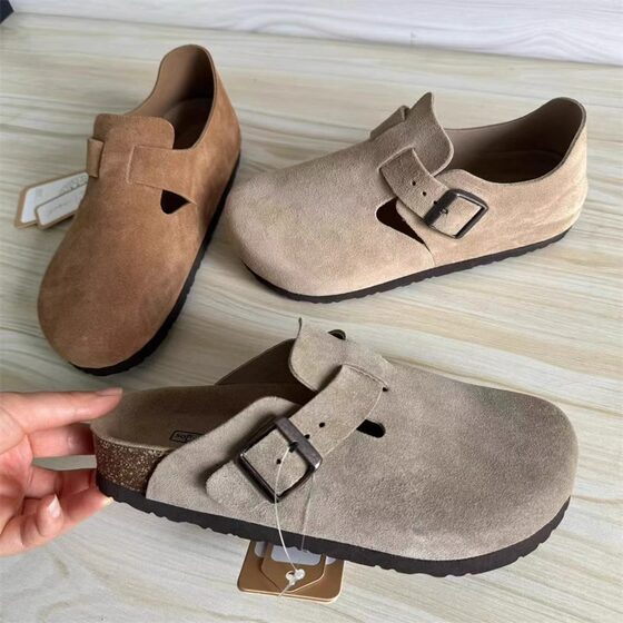Henan Sangpo Cowhide Birkken Lovers' Shoes Genuine Soft Pine Thick-soled Baotou Half Slippers Outer Wear Slip-on Birkken