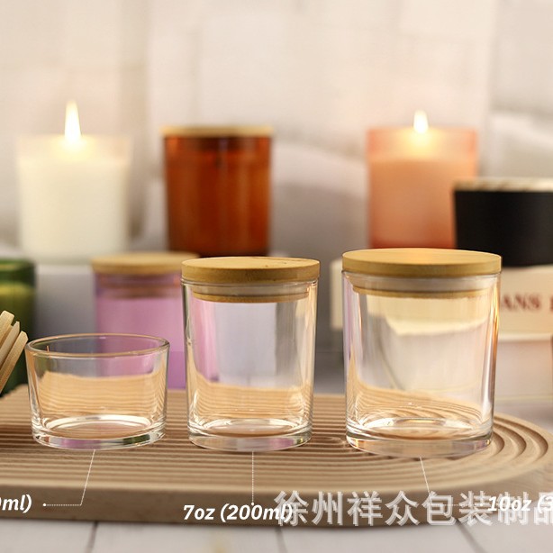 Vaso de vela de aromaterapia de estilo europeo de venta caliente transfronterizo Taza de vela Tarro de vela de vidrio de color de bricolaje con tapa de madera Contenedor de taza vacía