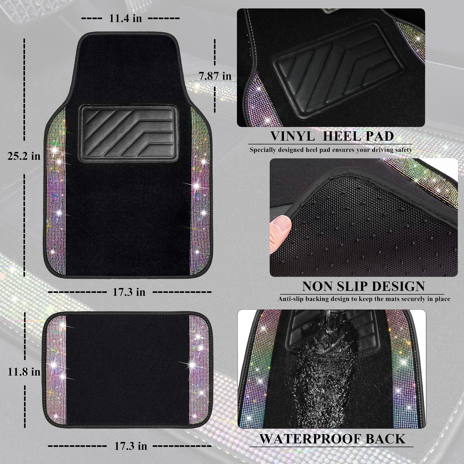 Cross-Border Foreign Trade Crystal-Encrusted Diamond Car Floor Mats, Universal Fashionable Shiny Carpet, Pvc Waterproof and Dirt-Resistant 4-Piece Set