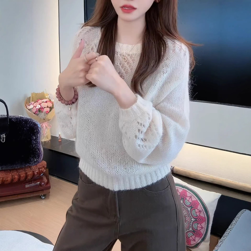 Apricot Mohair Hollow-Out Knit Sweater for Women, Spring Thin Sweater, 2026 New Style, Lazy Style, Korean Style Long-Sleeve Top