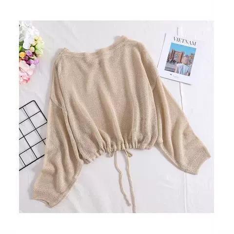 Летняя тонкая льняная короткая трикотажная блузка из ледяного шелка, женский пуловер с круглым вырезом, верхняя свободная солнцезащитная одежда, солнцезащитная рубашка с длинными рукавами