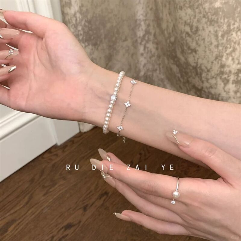 Kuning London Night~Pearl Stretch Bracelet Light Luxury Style Four-Leaf Clover Zirconia Versatile Bracelet