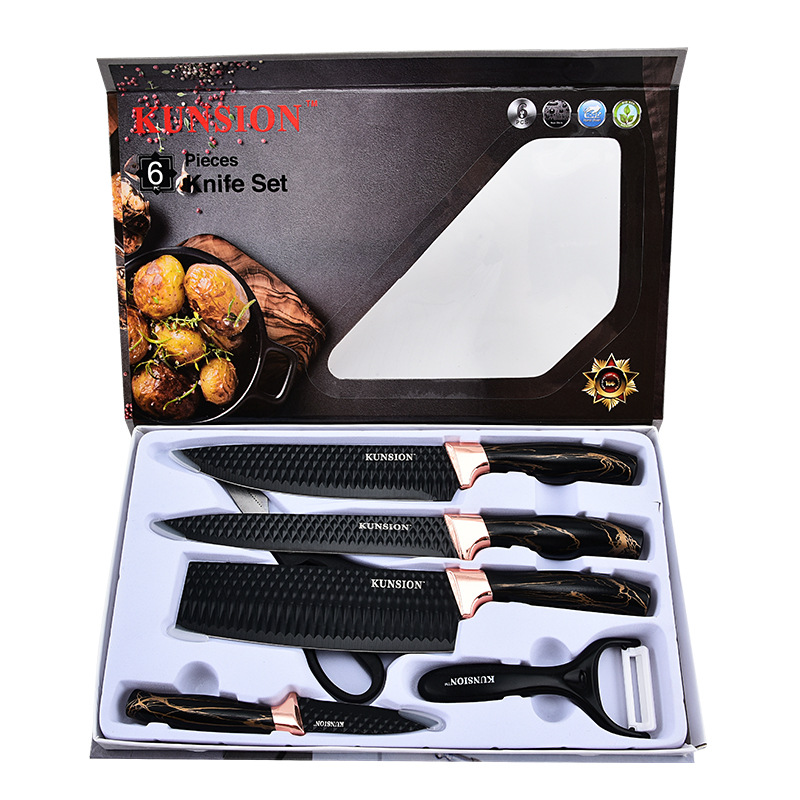 Cuchillo de cocina multifuncional con patrón de diamante, cabeza galvanizada, mango de abdomen grande, conjunto de seis piezas, cuchillo de cocina de caja de regalo personal de negocios doméstico image 6