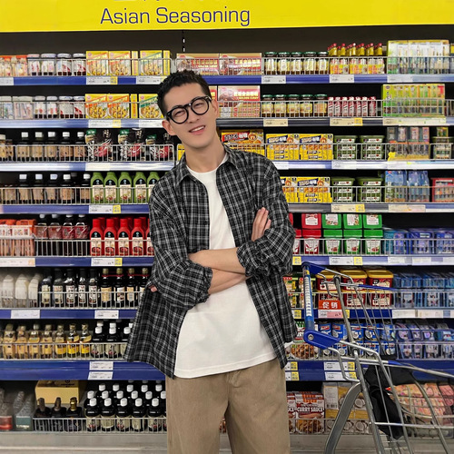 Korean style black checkered long-sleeved shirt men's spring and autumn fashion brand high-end lazy style casual loose shirt coat 