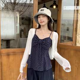 2025秋装新款胖mm大码女波点蝴蝶结抹胸吊带针织开衫套装