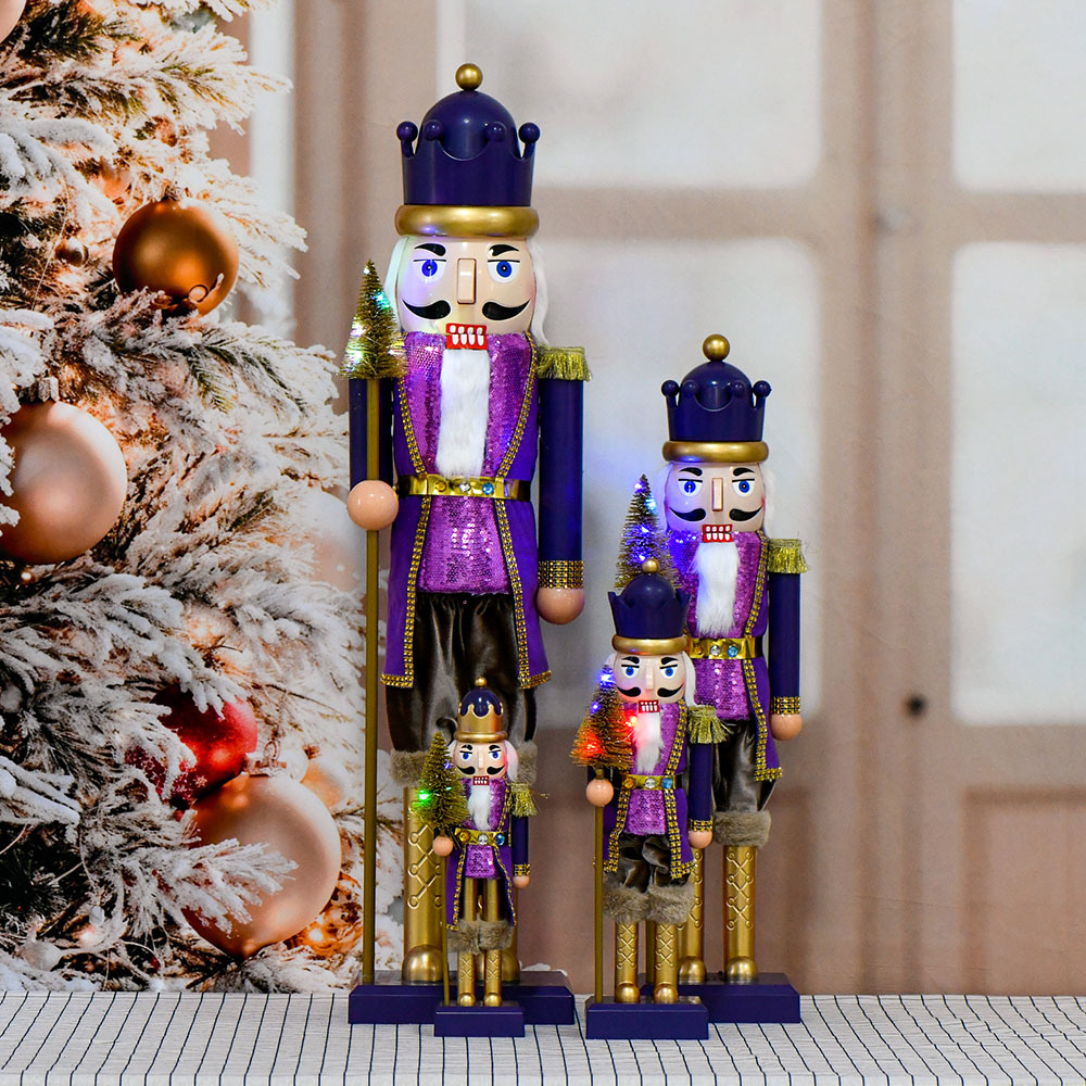 Inventario 30, 40, 60, 80cm cascanueces de plástico decoraciones de soldados árbol de Navidad púrpura con lámparas de banda de sonido