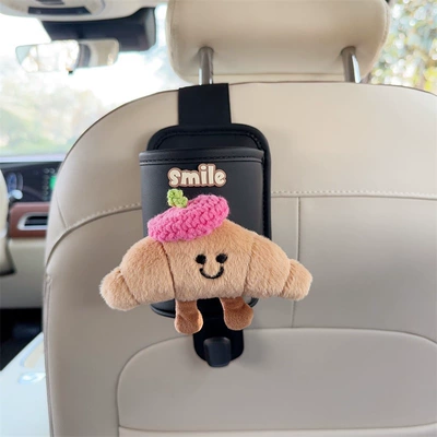 Car cup holder/beverage holder | women - black-leather-cup-holder-with-hook-croissant-bag-rose-red-beret