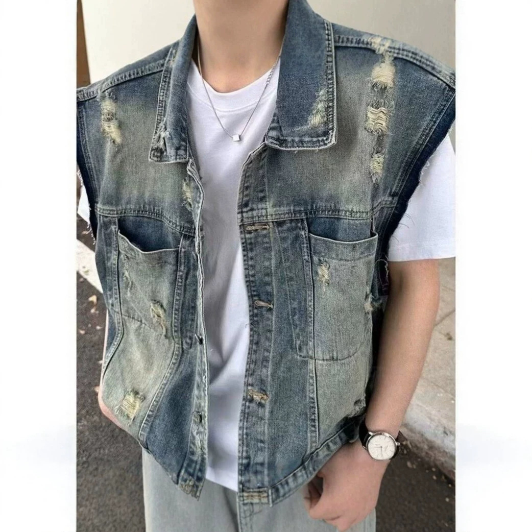 美式复古毛边短款牛仔马甲男潮牌设计感工装水洗磨破无袖坎肩夹克