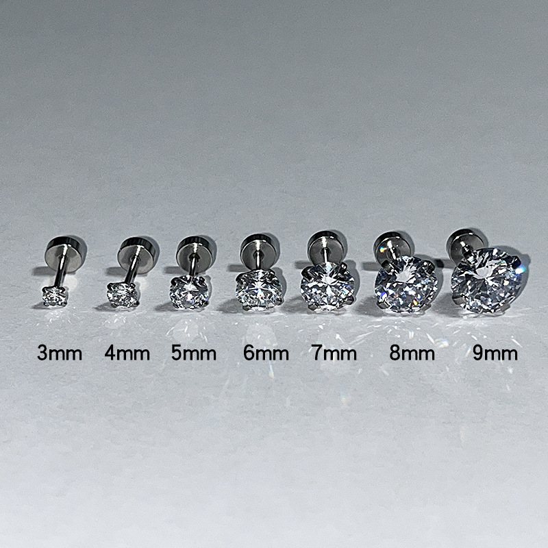 Sparkling White Round Diamond Flat Bottom Ear Bone Niche Simple Titanium Steel Screw Helix Stud Minimalist Style Unisex_voghion.com