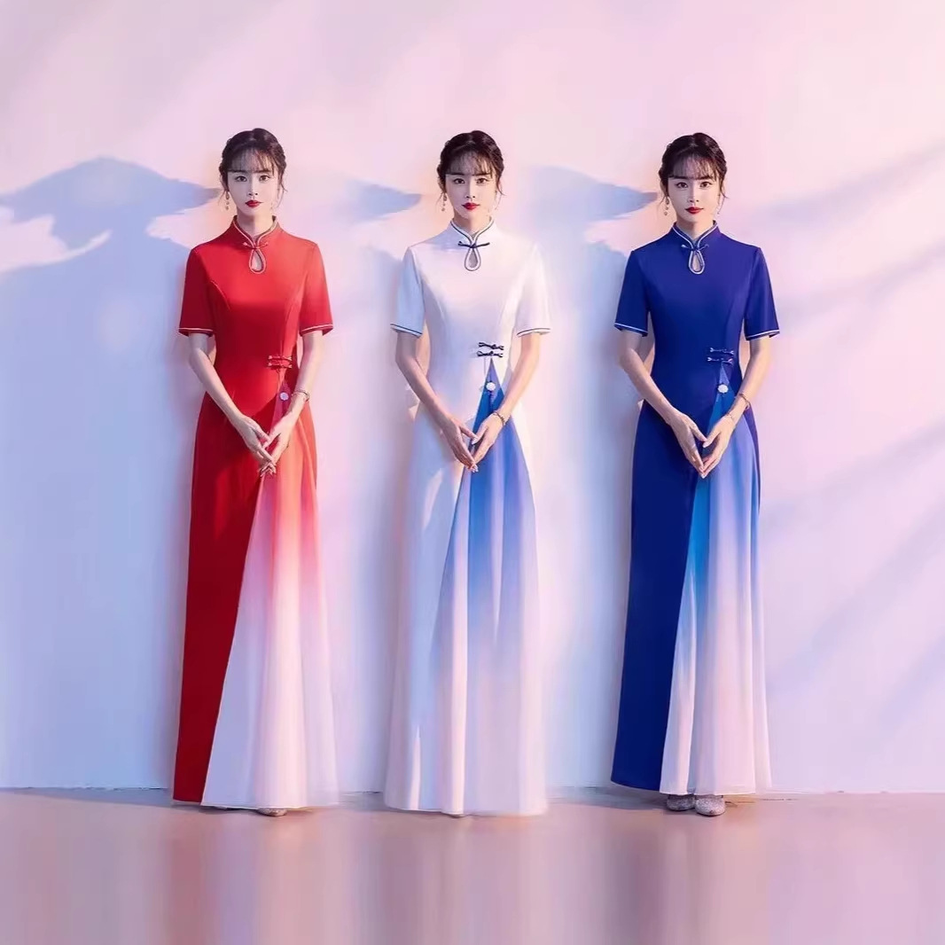 中国风大合唱团演出服女长裙立领红歌合唱服装礼服长款修身旗袍裙