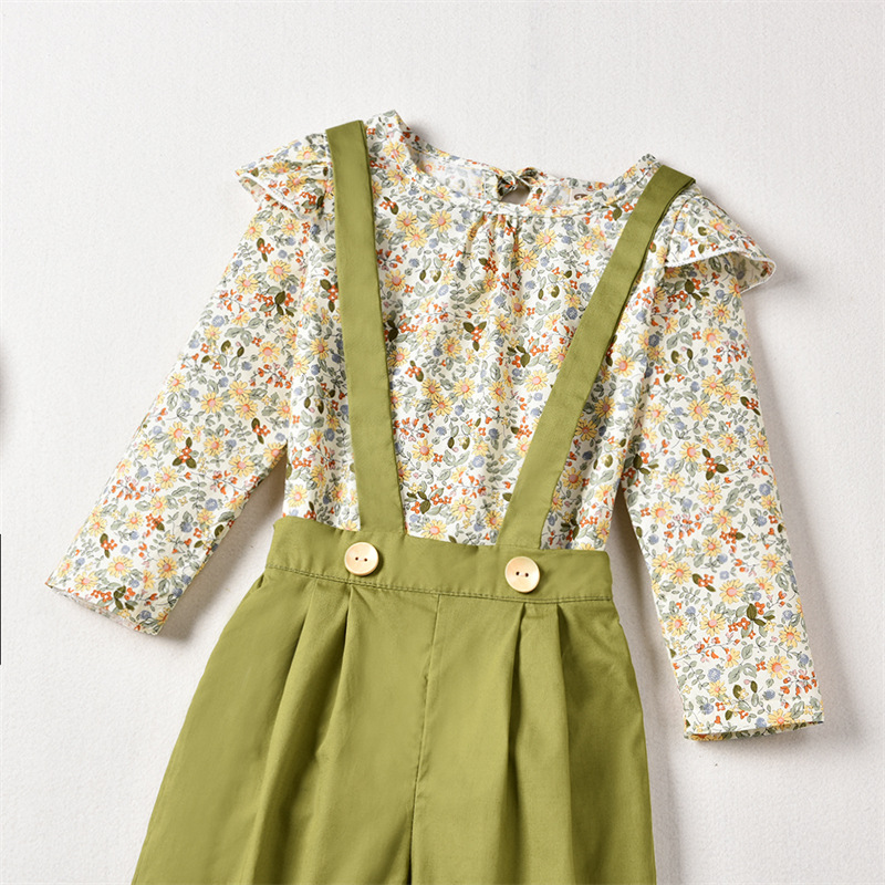 Pastoral Style Floral Long-sleeved Blouse Girls Green Suspenders Trousers display picture 1