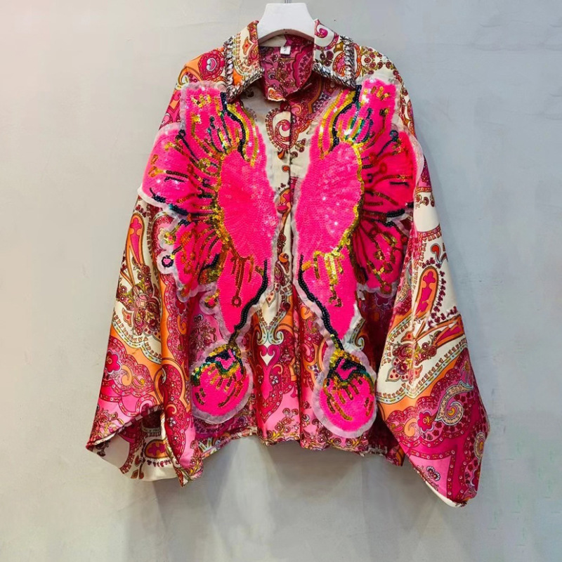 Thailand fashion brand 2024 spring new retro printed shirt Women's beaded sequins all-match loose shirt outer wear Thailand fashion brand 2024 spring new retro printed shirt Women's beaded sequins all-match loose shirt outer wear