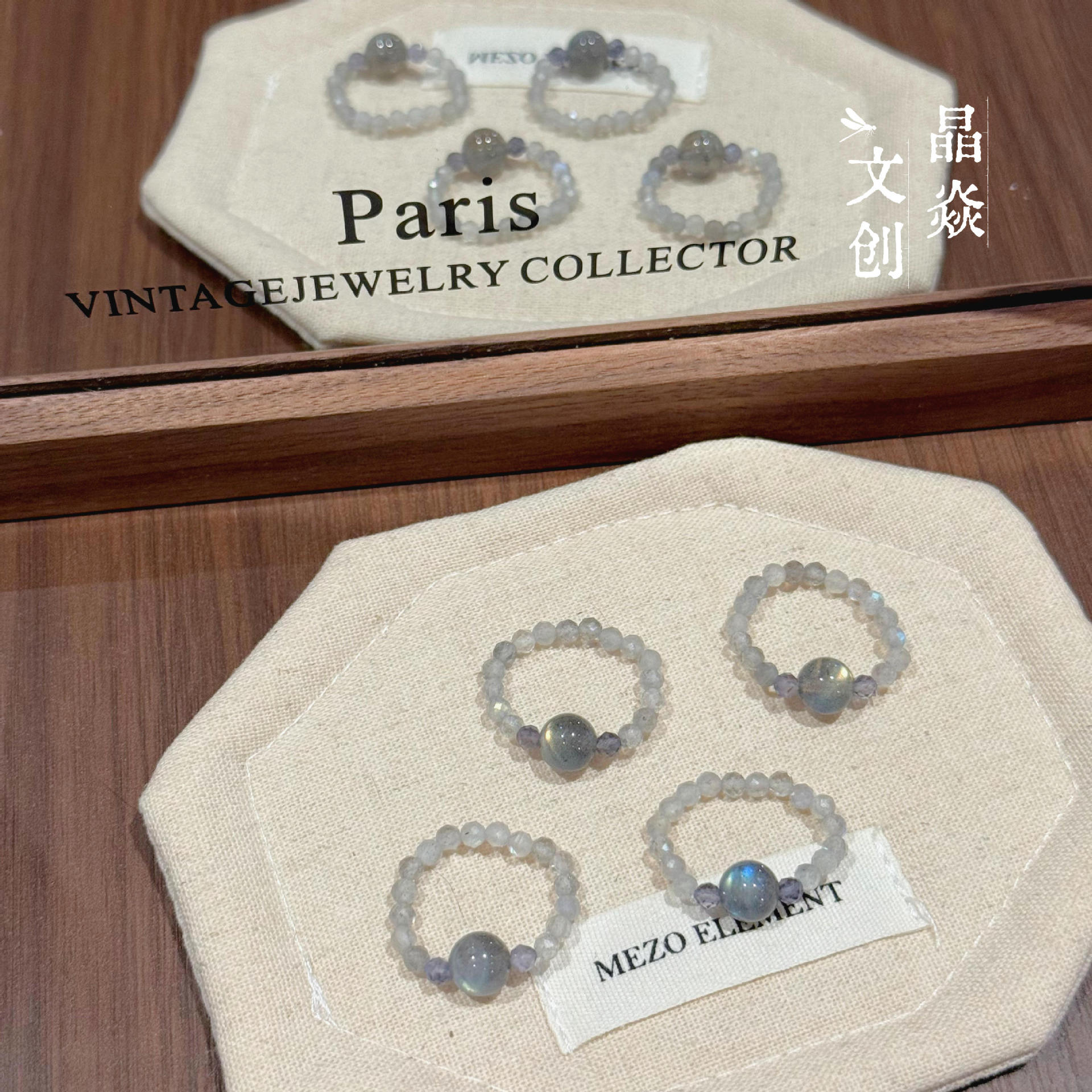 Original design natural crystal gray moonstone top bead diamond cut beads fashion wholesale live streaming direct sale women's ring