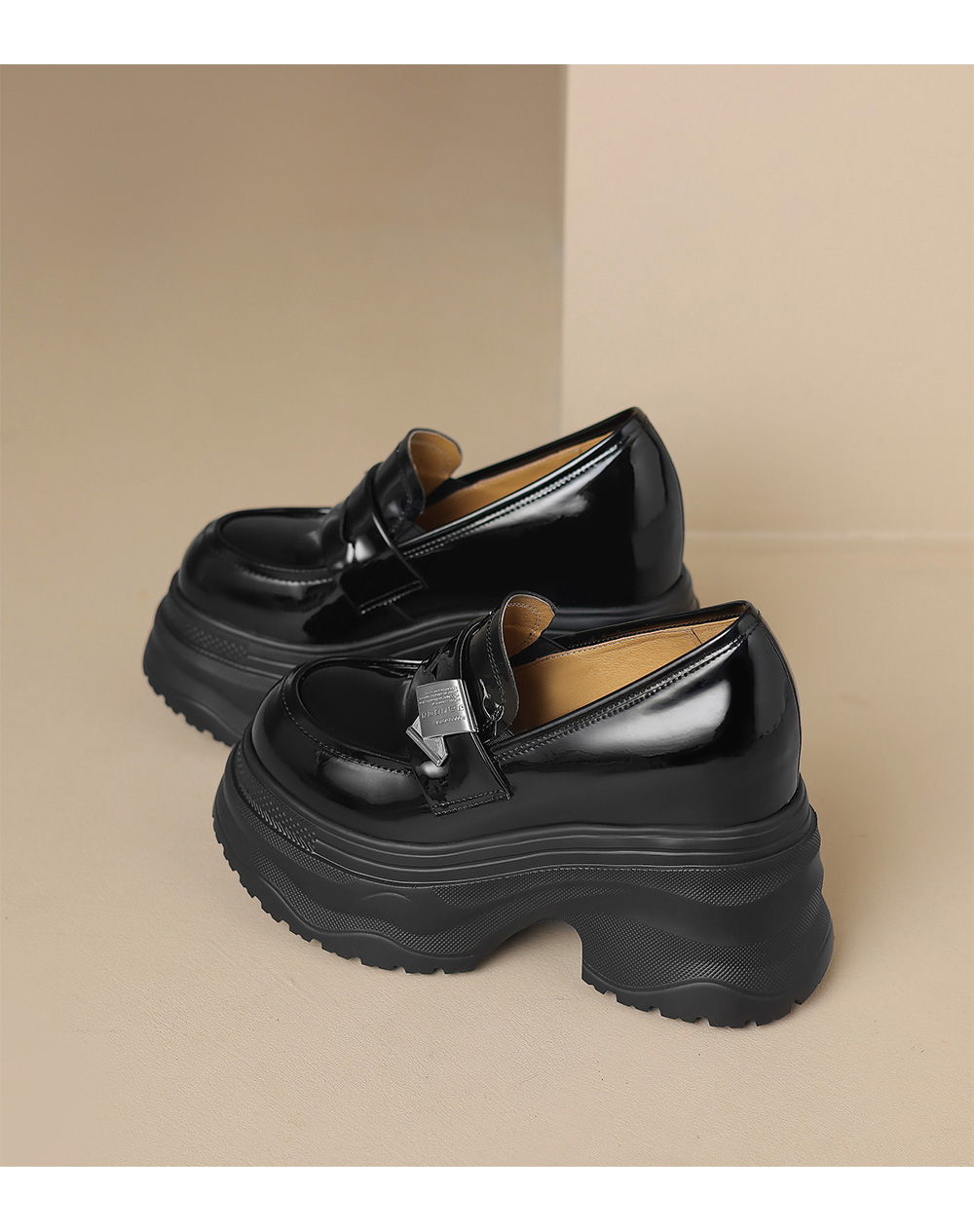 Giày lười nữ tăng chiều cao 12cm đế dày da sáng chế mũi vuông phong cách loafer — đen, Màu trắng nhạt chi tiết 17