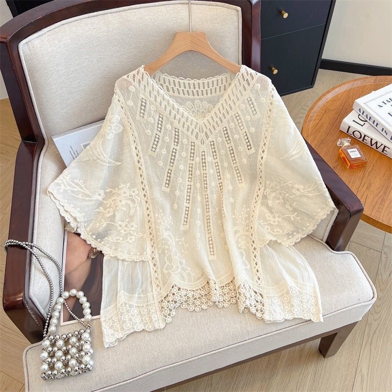Bohemian Style Cut Out Embroidered Knitwear Summer Design Niche Loose V Neck Sun Protection Blouse Top for Women